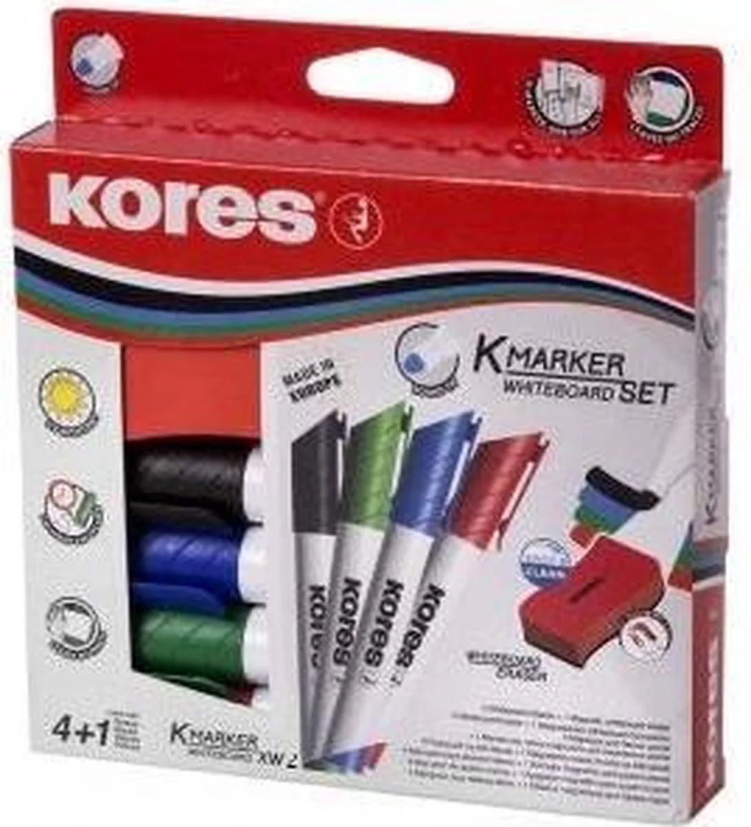 Whiteboard & Flipover markers Kores XW2, beitelvormige punt 3-5mm 4 stuks en wisser van Kores in Meerkleurig – productfoto