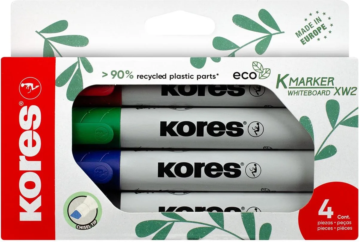 Whiteboard markers Kores "ECO XW2" - 90% recycled plastic - 3mm beitel punt - set van 4 kleuren de Kores en Rouge – photo produit