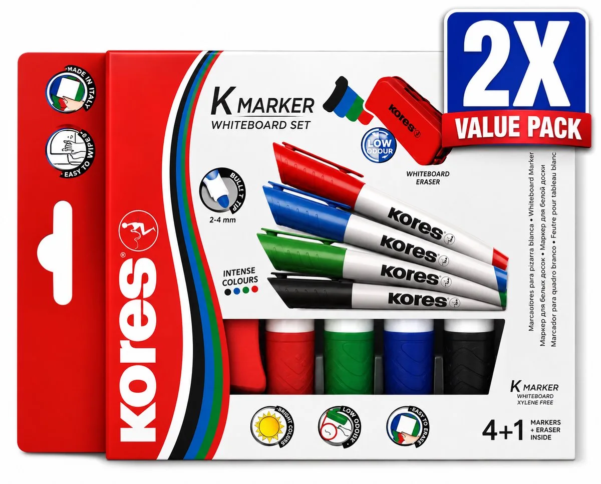 Whiteboard Markers Set van 4 Kleuren met Bordwisser - Voordeelverpakking van 2 Etuis (8 Stiften + 2 Bordwissers) - Ronde Punt 3 mm - Uitwisbaar voor Whiteboard van Kores in Meerkleurig – productfoto