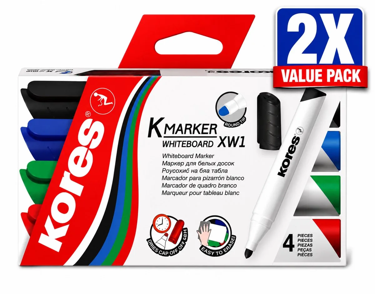 Whiteboard Markers Set van 4 Kleuren - Voordeelverpakking van 2 Etuis (8 Stiften Totaal) - Ronde Punt 3 mm - Uitwisbaar voor Whiteboard - Schoolbenodigdheden en Kantoor de Kores en Multicolore – photo produit