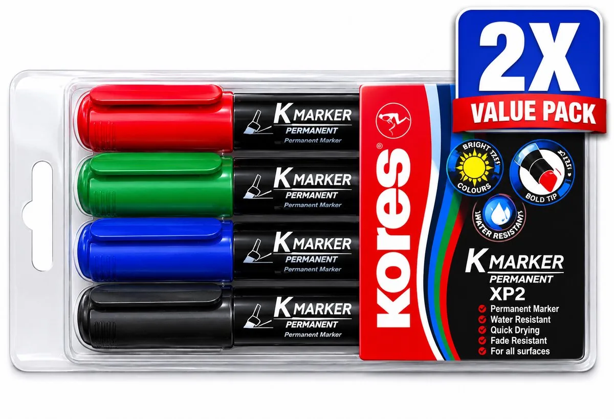 XP2 Permanent Markers Set van 4 Kleuren - Voordeelverpakking van 2 Etuis (8 Stiften Totaal) - Permanente Inkt voor Karton Papier Glas Metaal en Plastic - Waterbestendig de Kores en Multicolore – photo produit