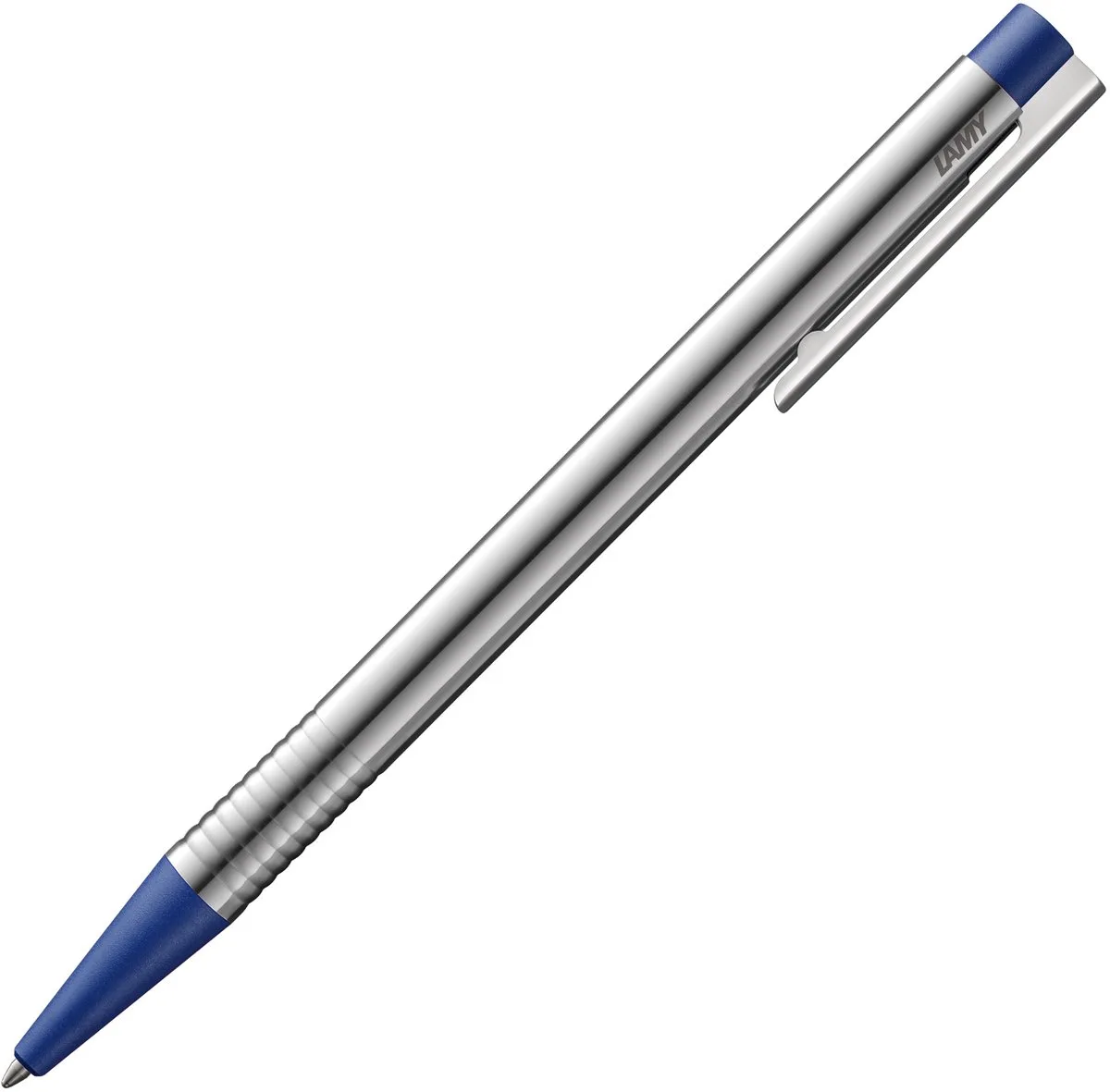 Logo balpen 205 – Kuli van roestvrij staal in de kleur blauw met geïntegreerde clip-drukknop-eenheid van Lamy in Blauw, Stainless steel – productfoto