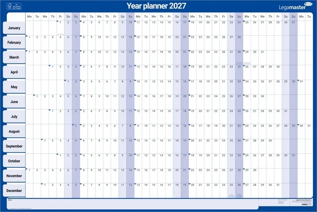 Jaarplanner 2027 Legamaster 90x60cm horizontaal gelamineerd Engelstalig