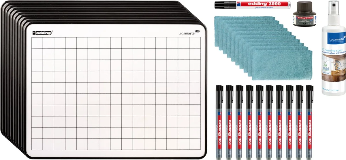 Lapboard Starterset 33-delig - 10 Dubbelzijdige Melamine Wisbordjes met Markers, Reinigingsset en Doekjes fra Legamaster i Hvid – produktbillede