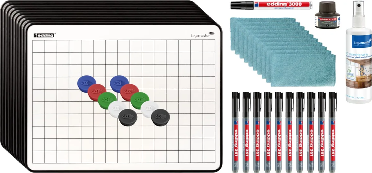 Lapboard Starterset 43-delig - 10 Dubbelzijdige Lapboards - Gelakt Staal - Magnetisch - met Markers, Magneten en Reinigingsset fra Legamaster i Hvid – produktbillede