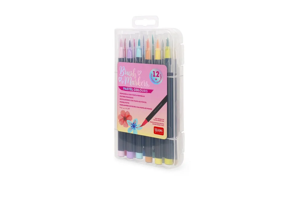 Filzstift Set mit 12 Filzstiften mit flexibler Pinselspitze aus Nylonfaser, Pastellfarben, flüssige Striche, variable Breiten, 1 cm Durchmesser fra Legami – produktbillede