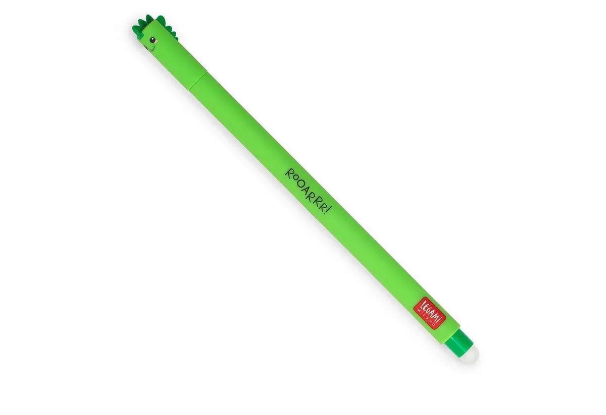 Gelschreiber Löschbarer Gelstift Dino - 0,7 mm Schreibstärke, thermosensitive Tinte, löschbar per Kunststoffkugel von Legami in Grün – Produktfoto