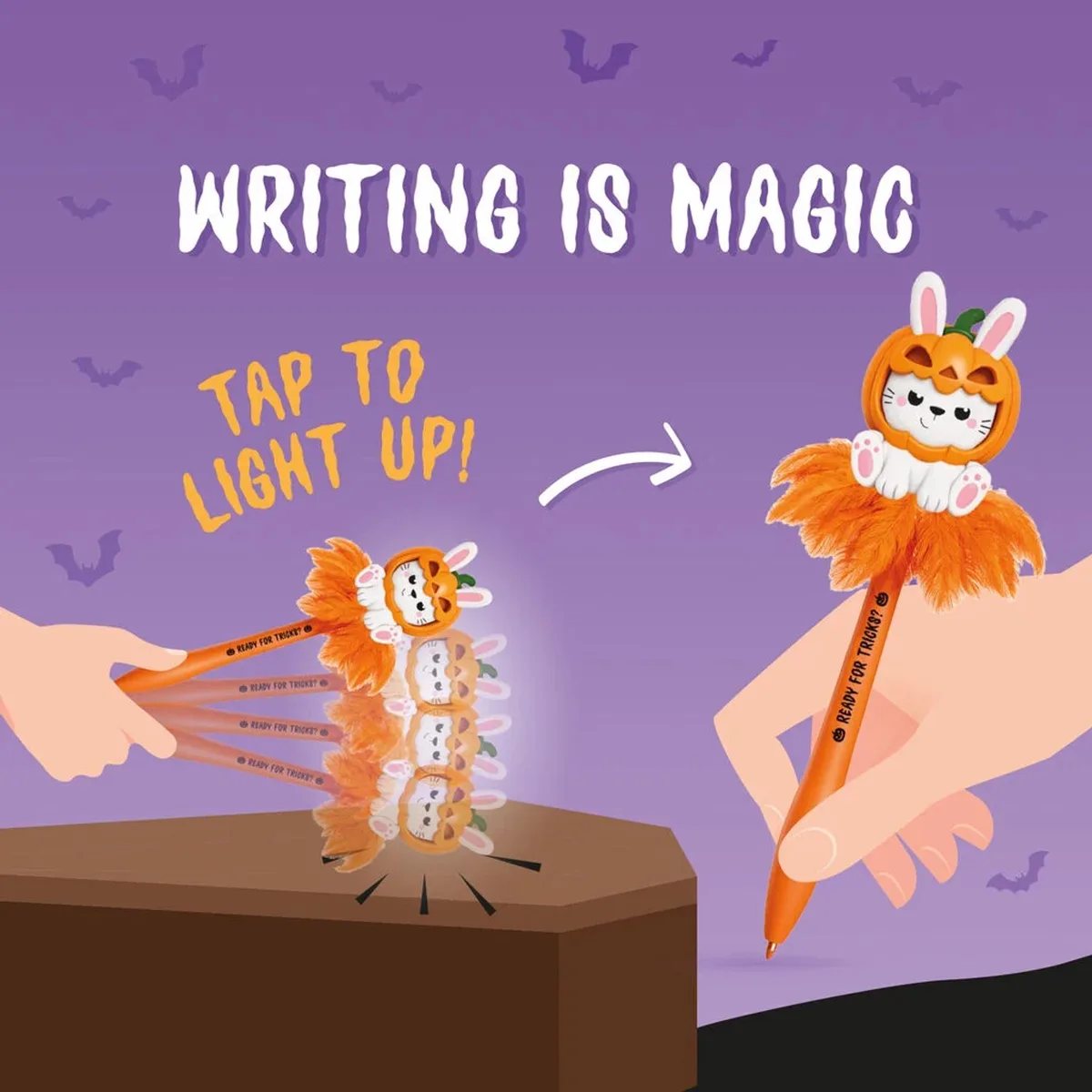 Light-up Ballpoint Pen - Pumpkin Bunny - Writing is Magic fra Legami i Oranje en wit – produktbillede