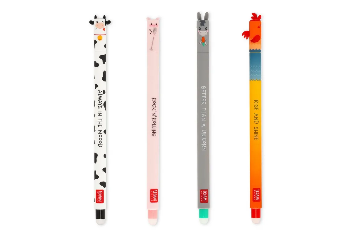 Radiergummi 4er Set Gel Stifte mit radierbarer Tinte, 0,7 mm Spitze, Farben: rosa, grün, rot, radiert ohne Blattverbrauch von Legami in Schwarz – Produktfoto