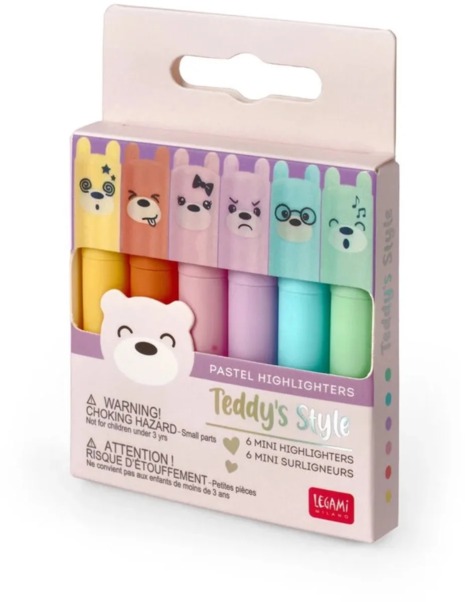 SET OF 6 MINI HIGHLIGHTERS - TEDDY'S STYLE - TEDDY BEAR fra Legami i Pastel – produktbillede