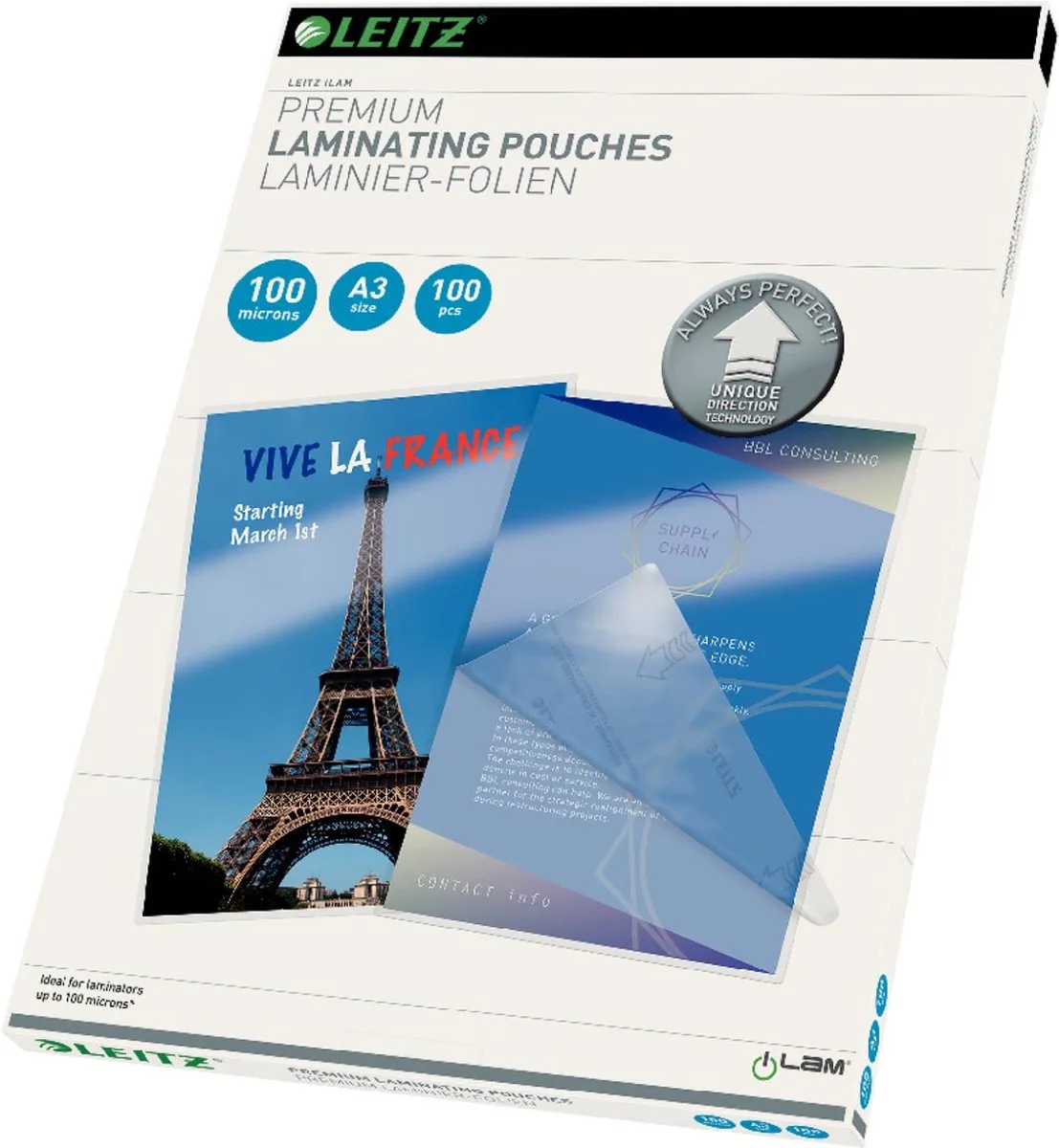Lamineerhoes Leitz iLAM A3 2x100micron 100 stuks de Leitz en Transparent – photo produit