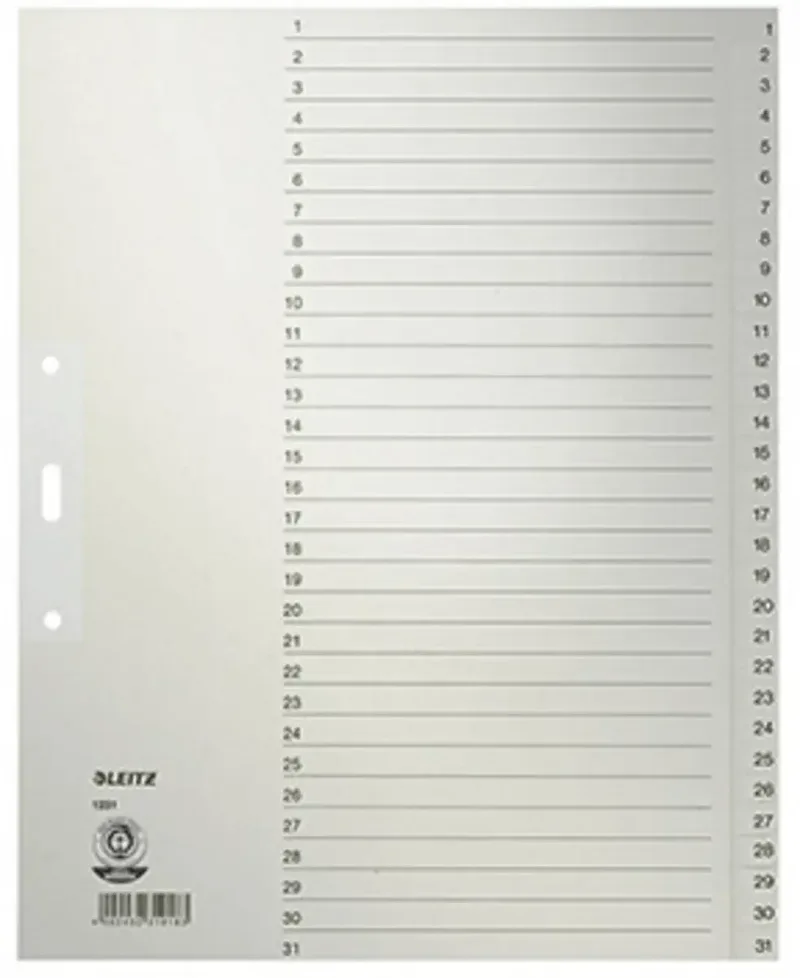 Leitz 1231 Register DIN A4, Überbreite 1-31 Tauenpapier Grau 31 Registerblätter 12310085 by Leitz – product photo