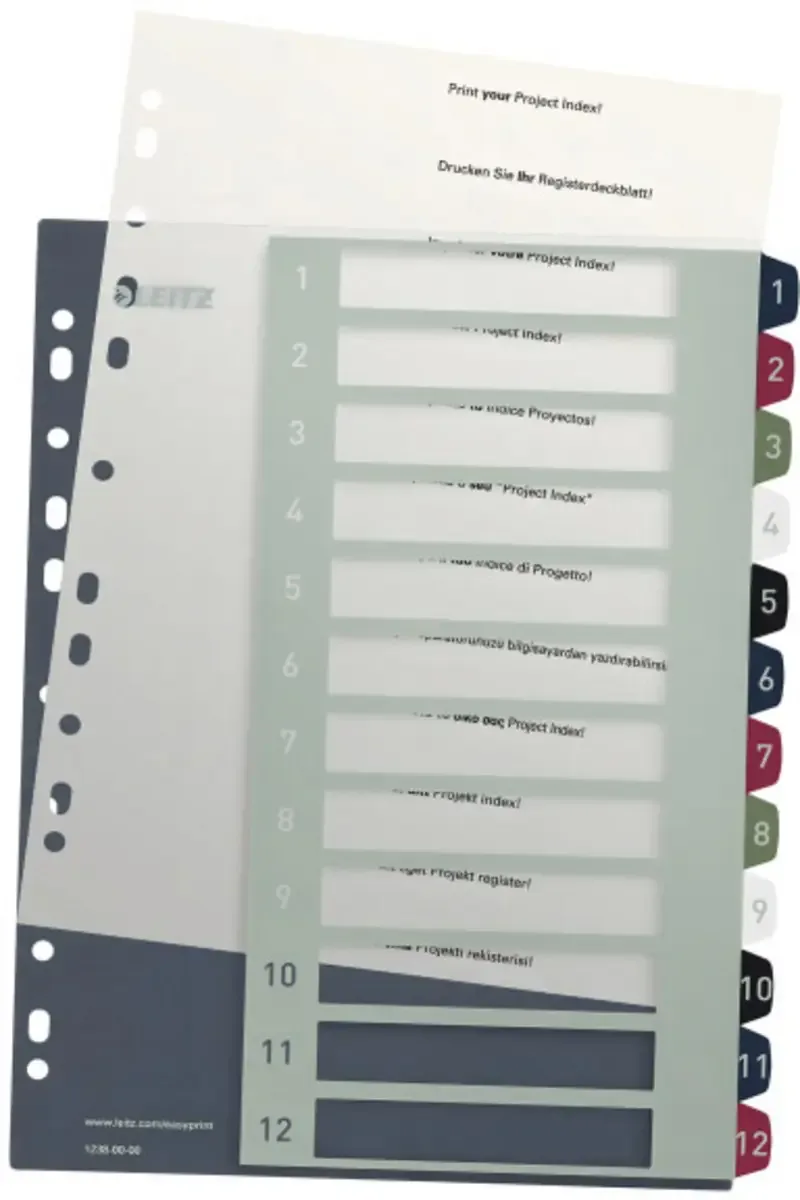 Leitz 1238 Style Register DIN A4 1-12 Polypropylen Mehrfarbig 12 Registerblätter extrabreit, PC-beschriftbar 1238-00-00 by Leitz – product photo
