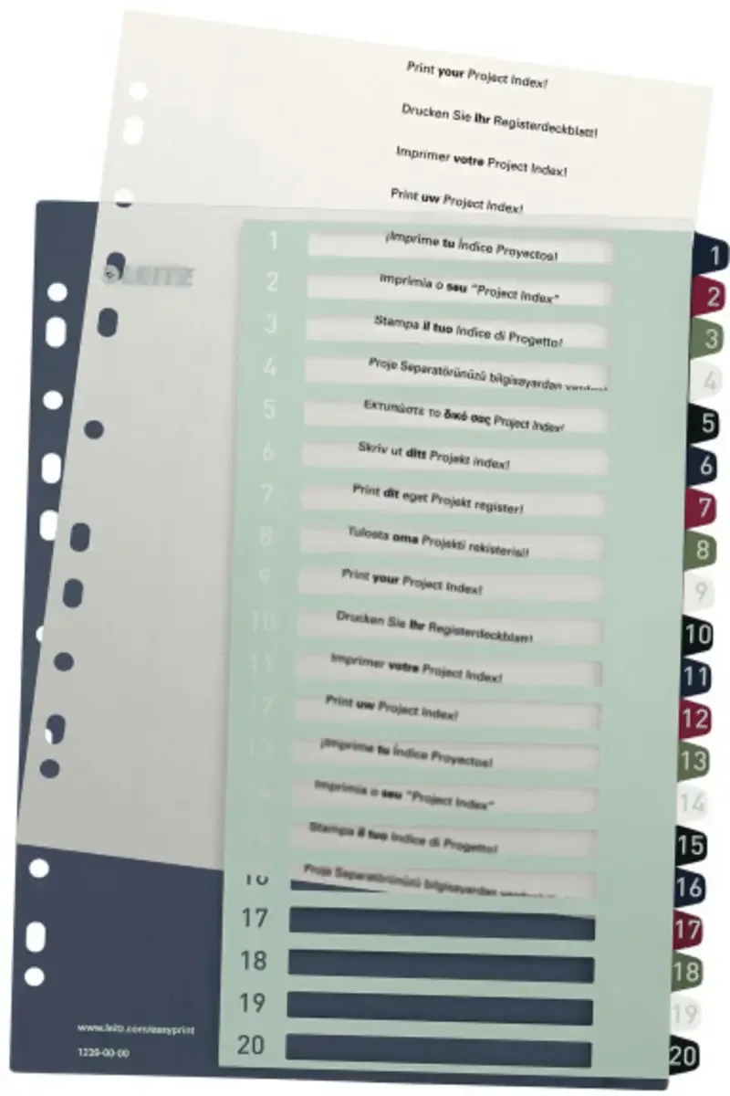 Leitz 1239 Style Register DIN A4 1-20 Polypropylen Mehrfarbig 20 Registerblätter extrabreit, PC-beschriftbar 1239-00-00 von Leitz – Produktfoto