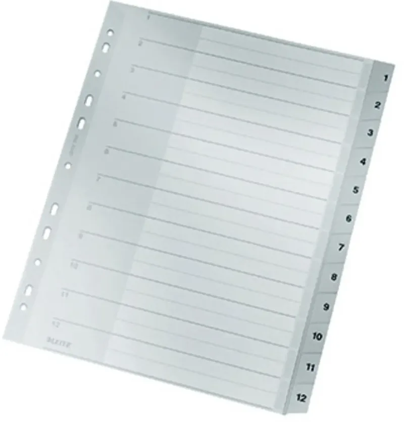 Leitz 1282 Register DIN A4, Überbreite 1-12 Polypropylen Grau 12 Registerblätter 12820000 von Leitz – Produktfoto