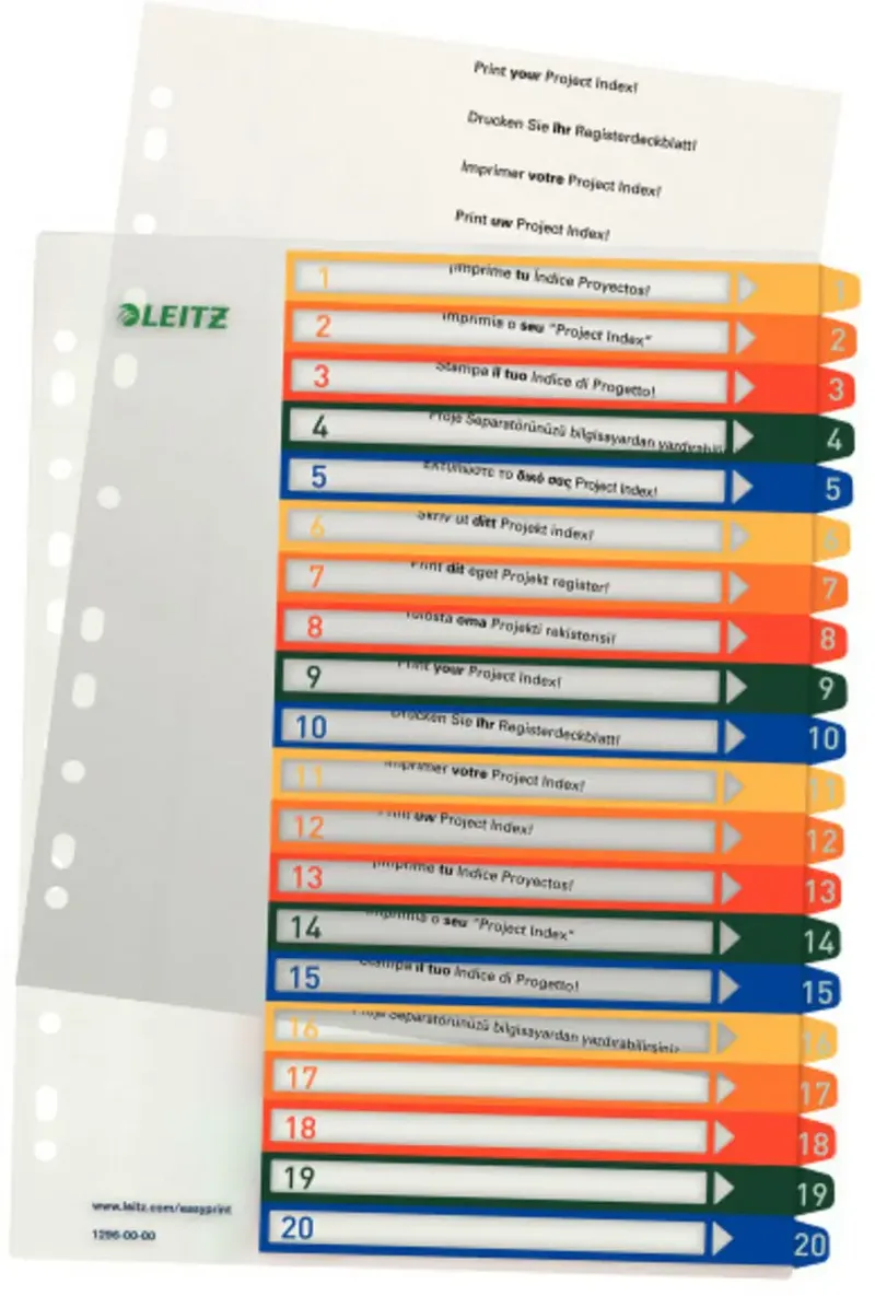 Leitz 1296 Register DIN A4 1-20 Polypropylen Mehrfarbig 20 Registerblätter extrabreit, PC-beschriftbar 12960000 von Leitz – Produktfoto