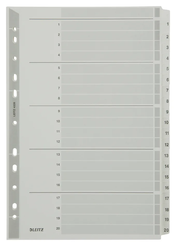 Mylarkarton-Register, Zahlen, A4, 1-20, 20-teilig,grau de Leitz – photo produit