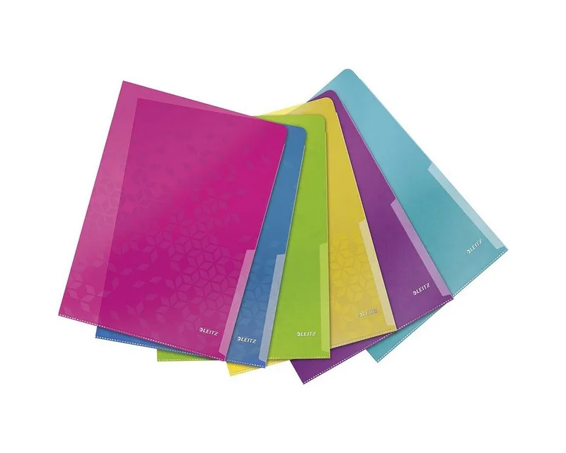 Prospekthülle WOW 4050, 6 Stück, farbig, Format A4 ohne Lochrand, oben/ rechts offen, 0,2 mm de Leitz en Bleu, Multicolore, Jaune, Vert – photo produit