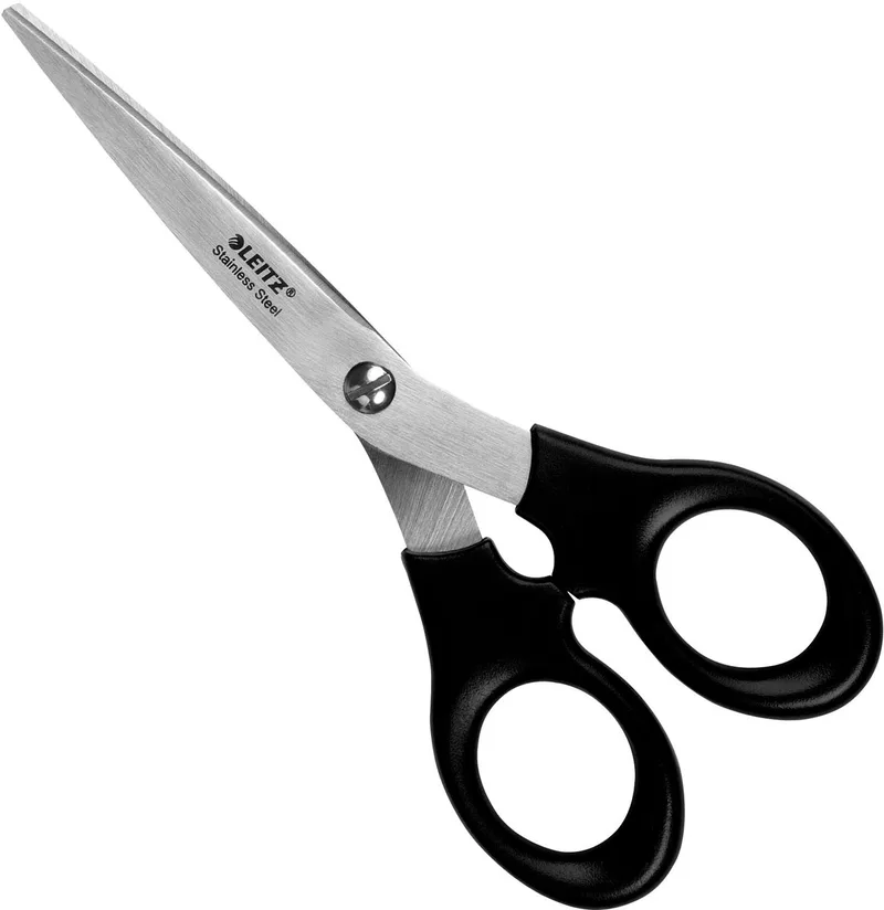 schaar, ft 16,5 cm, rechts en links, scherpe punt, RVS, zwart, blister van 1 stuk van Leitz – productfoto