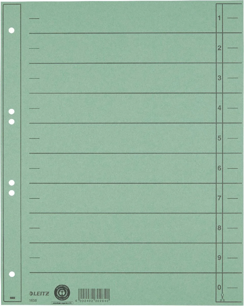 Staffeltabblad Karton - Beschrijfbare Tabs, 2/4-rings - Voor Ordners en Ringbanden van Leitz in Groen – productfoto