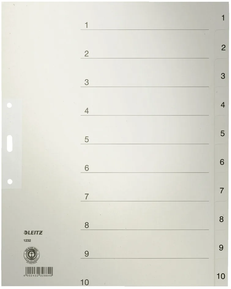 Tauenpapier-Register, Zahlen, A4 Überbreite, 1-10,grau by Leitz – product photo