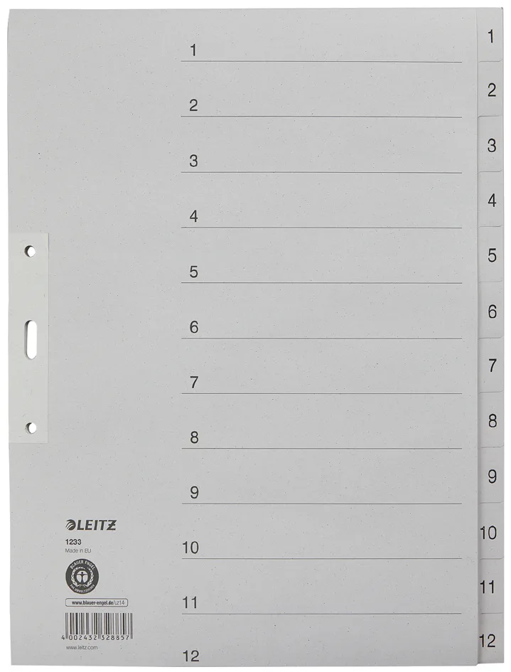Tauenpapier-Register, Zahlen, A4 Überbreite, 1-12,grau by Leitz – product photo