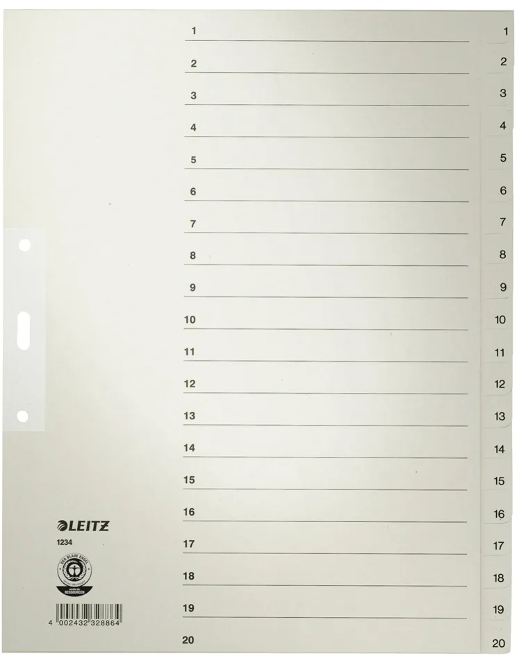 Tauenpapier-Register, Zahlen, A4 Überbreite, 1-20,grau by Leitz – product photo
