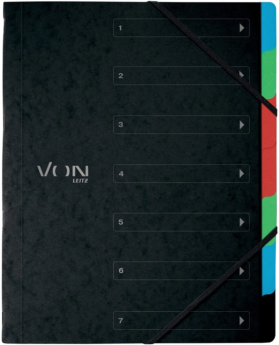 VON Leitz 5-pack A4 6-vaks projectmap, met tabbladen, draagbaar, lichtgewicht kartonnen documentenopbergsysteem, met elastische sluiting, 30140095 från Leitz i Svart – produktbild
