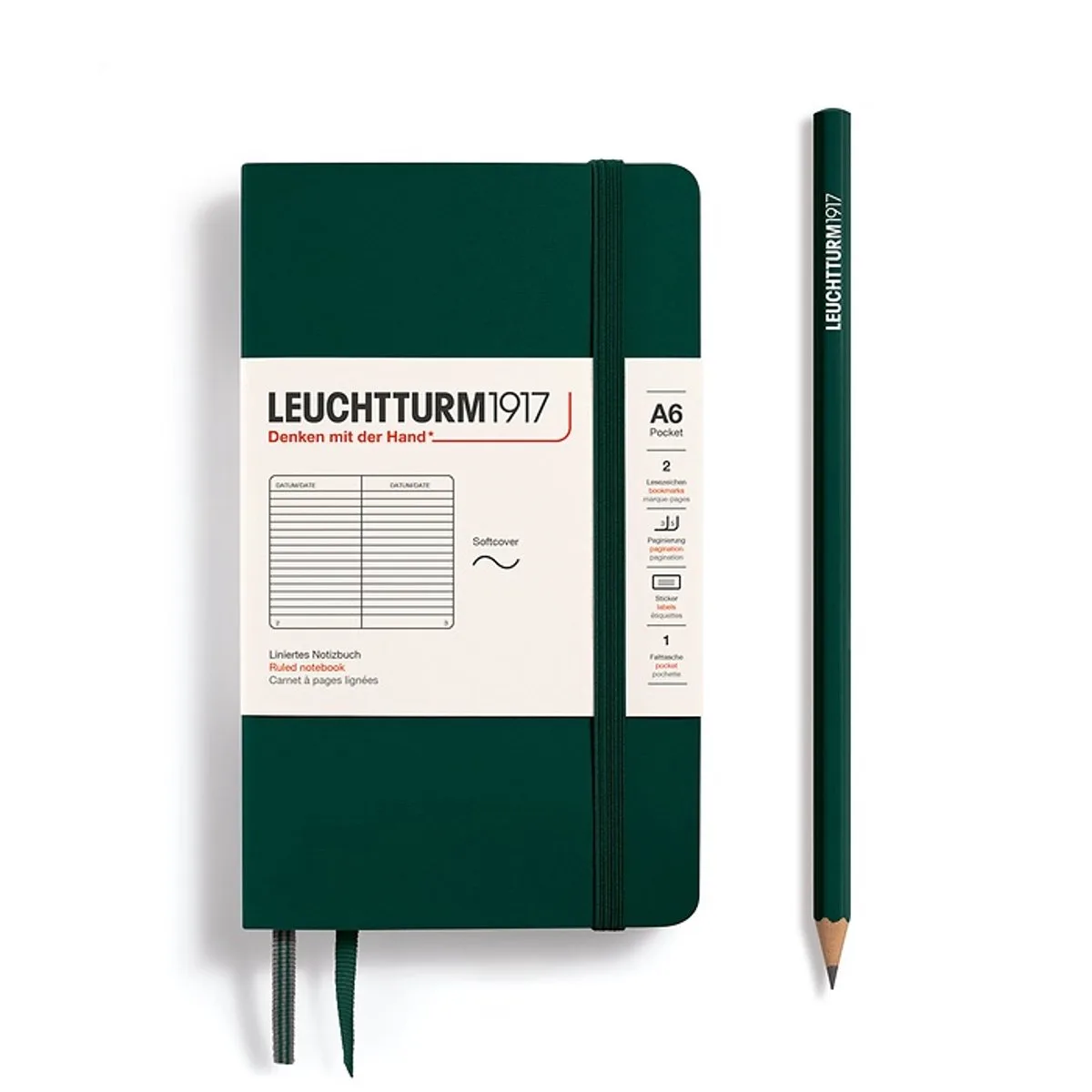 A6 Pocket Notitieboek ruled Softcover van Leuchtturm1917 in Forest green – productfoto