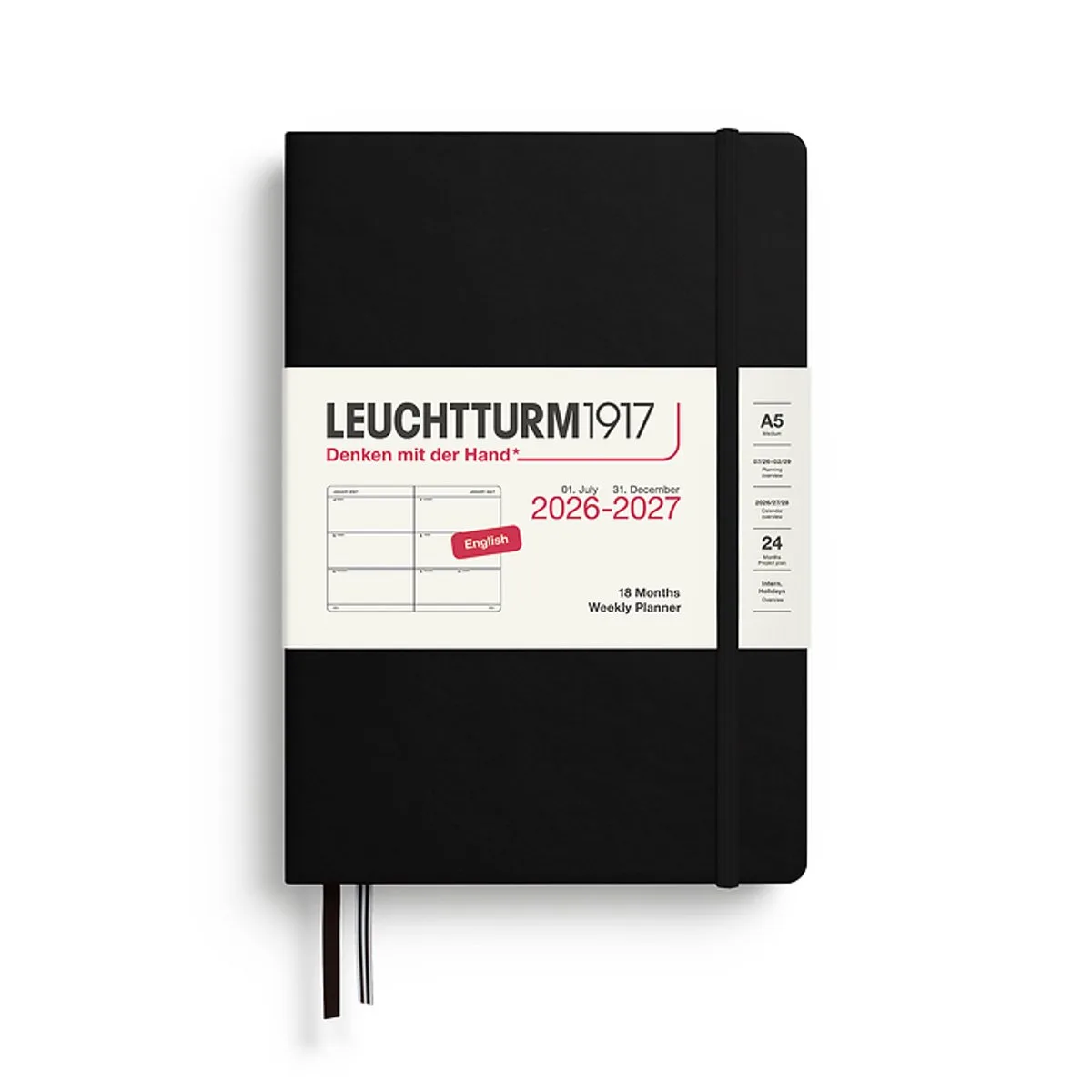 Agenda - 18 maanden - 2026/2027 - Weekly Planner - Harde kaft - A5 formaat - Medium fra Leuchtturm1917 i Sort – produktbillede