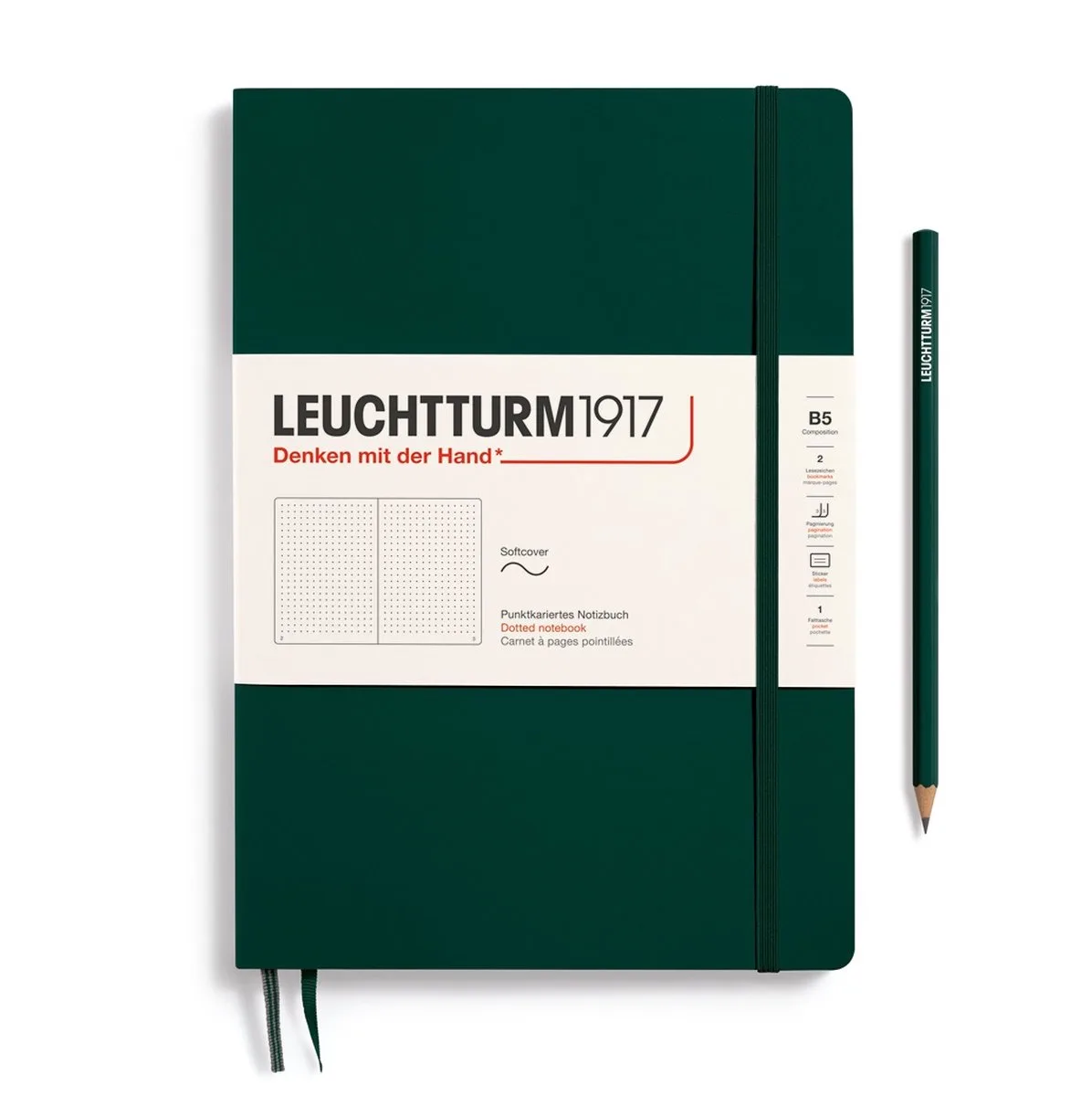 B5 Composition Notitieboek met zachte kaft dotted van Leuchtturm1917 in Forest Green – productfoto