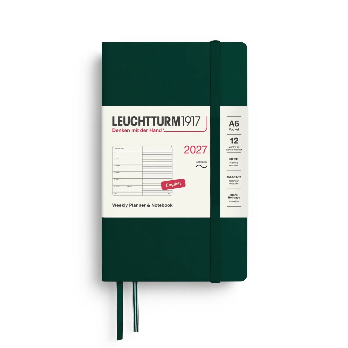 Leuchtturm1917 - 2027 - Zak Agenda en Notitieboek - A6 Pocket 9x15cm - forest green - softcover de Leuchtturm1917 en Donker bos groen, Forest green – photo produit