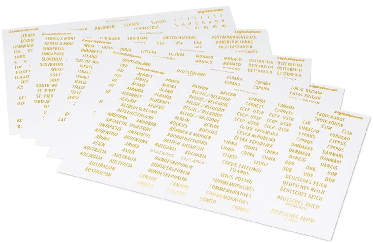 Muntblad - Landenlabels met gouden letters, inclusief extra labels, 6 pagina's de Leuchtturm1917 en Or – photo produit