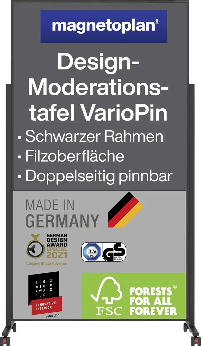 Presentatiebord VarioPin (b x h) 100 cm x 180 cm Vilt Zwart, Grijs Tweezijdig te gebruiken, Incl. rollen, Magneetband, Prikbord 1181201 by Magnetoplan in Black, Grey – product photo