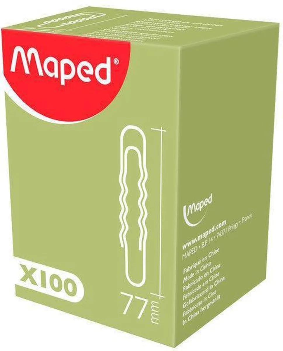 Paperclips gewelfd - staal - 77 mm - in doosje x 100 van Maped in Zilver – productfoto