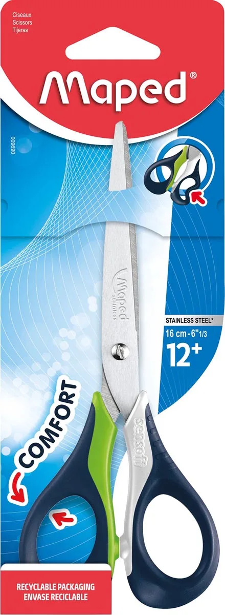 schaar Sensoft, ft 16 cm, rechts, scherpe punt, RVS, geassorteerde kleuren, blister van 1 stuk de Maped – photo produit