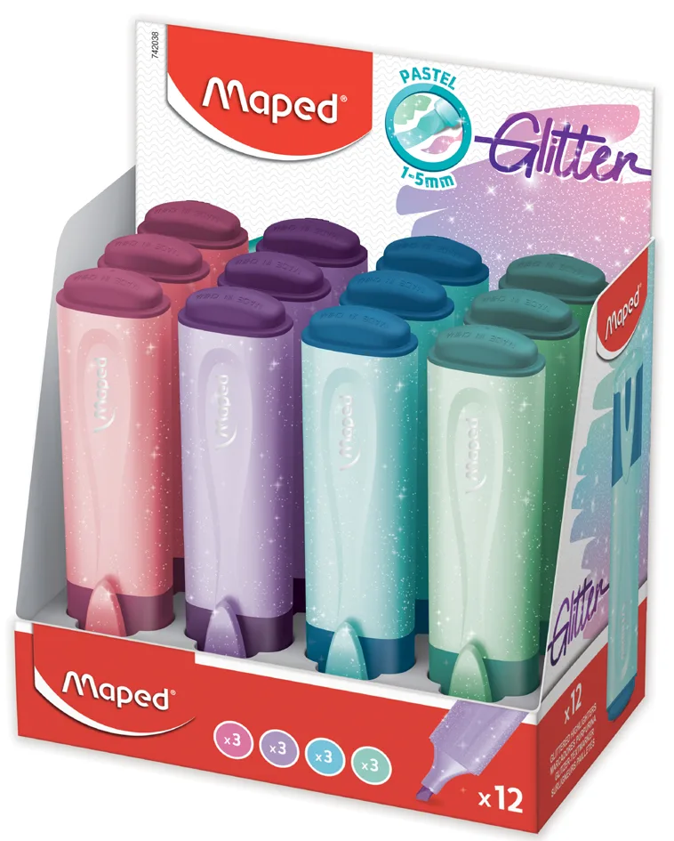 Textmarker FLUO, PEPS Glitter PASTEL, 12er Display van Maped – productfoto