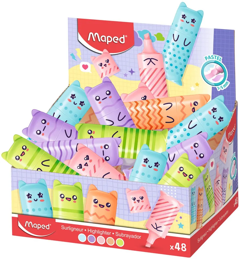 Textmarker Mini FLUO, PEPS PASTEL KAWAI, 48er Display van Maped – productfoto