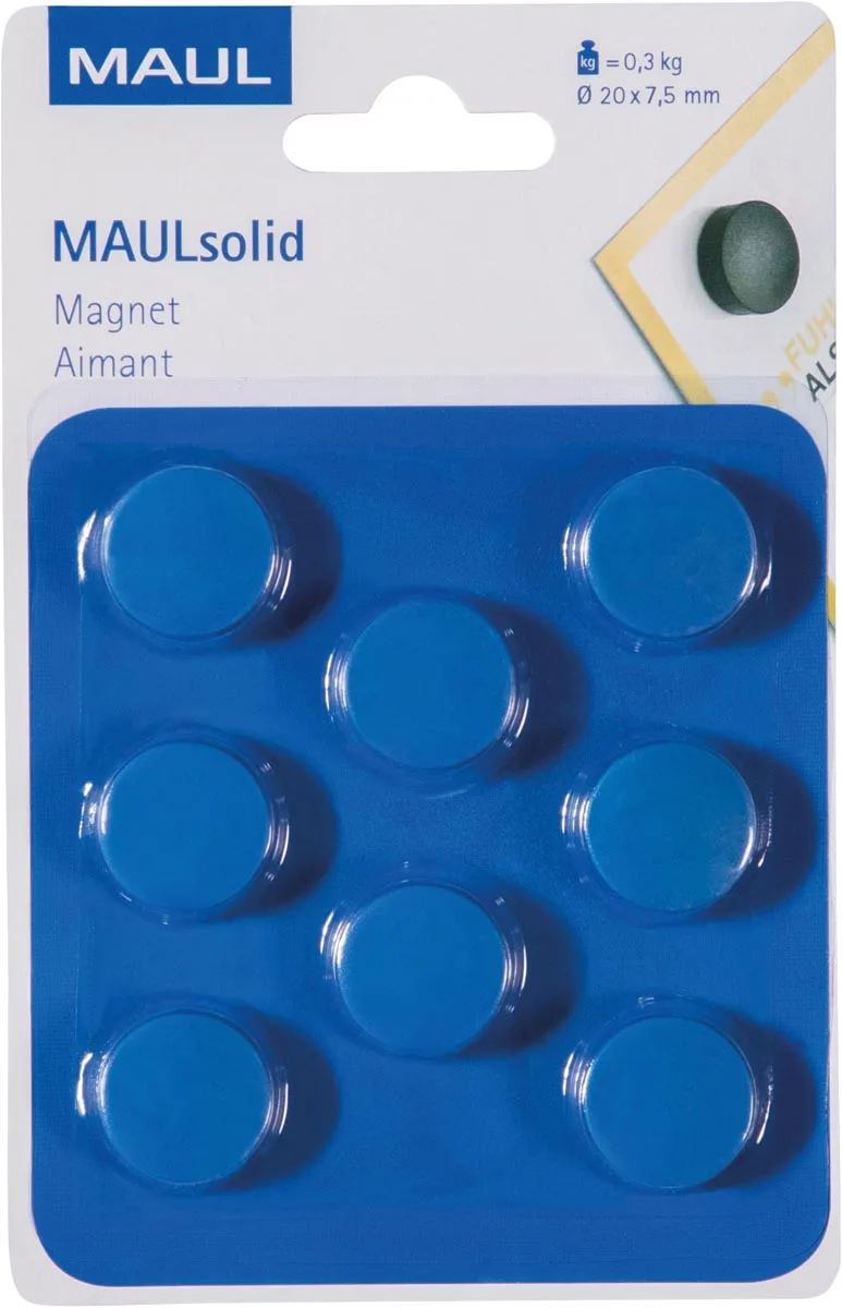 magneet Solid, 20 mm, trekkracht 300 gr, blister van 8 stuks, blauw van Maul – productfoto