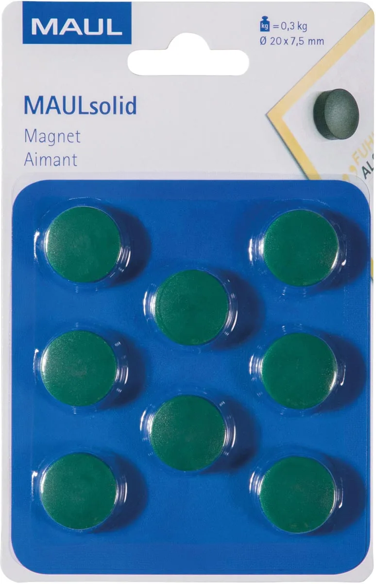 magneet Solid, 20 mm, trekkracht 300 gr, blister van 8 stuks, groen van Maul – productfoto