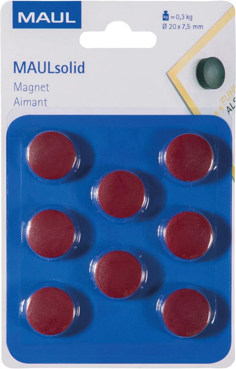 magneet Solid, 20 mm, trekkracht 300 gr, blister van 8 stuks, rood van Maul – productfoto