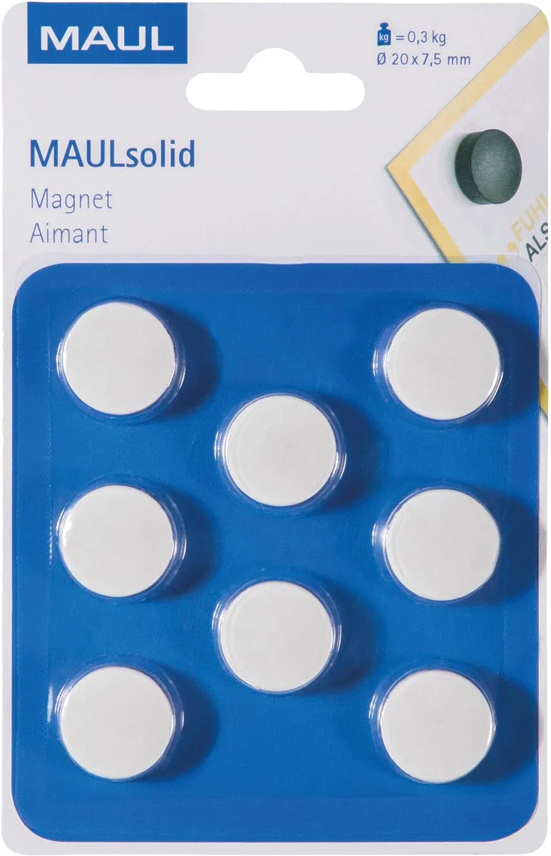 magneet Solid, 20 mm, trekkracht 300 gr, blister van 8 stuks, wit van Maul – productfoto