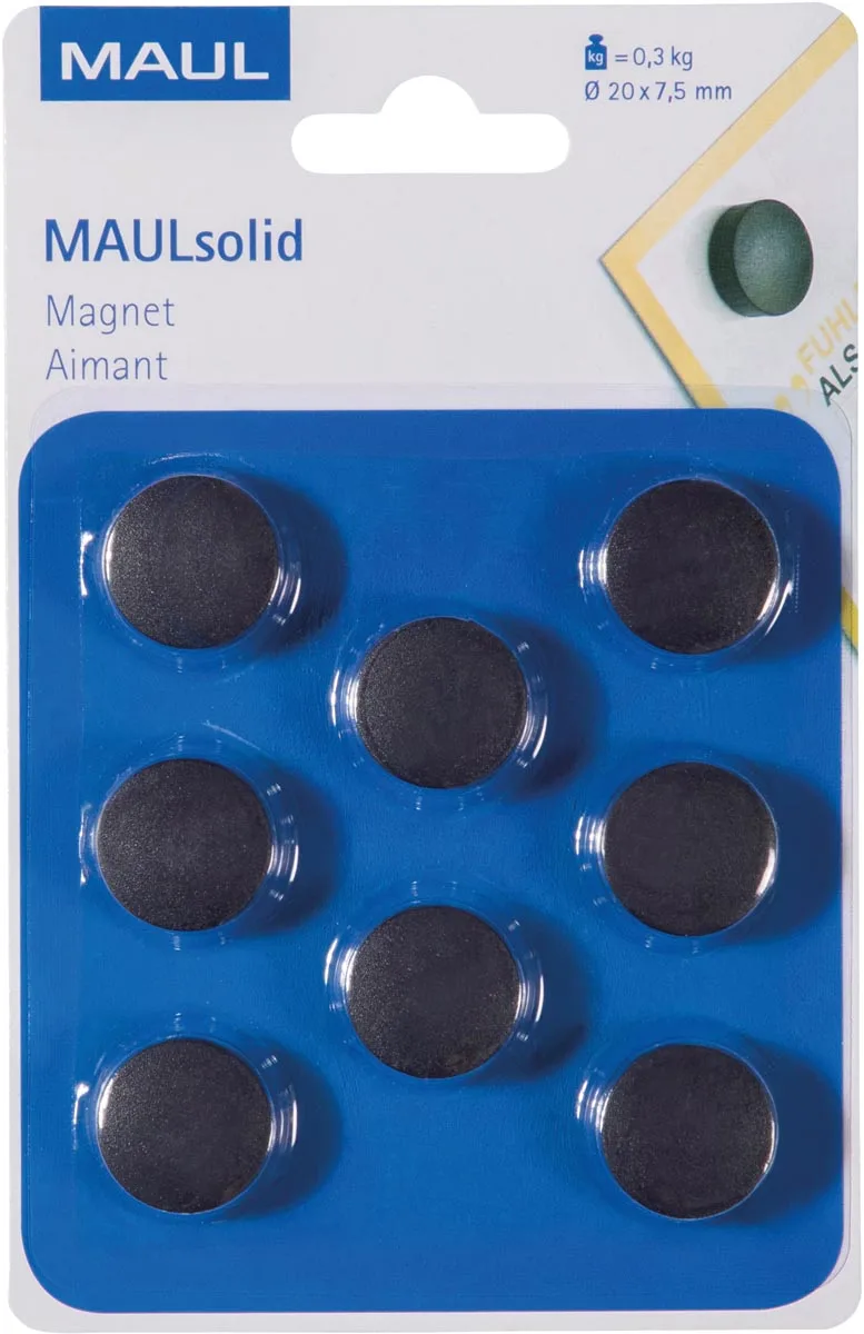 magneet Solid, 20 mm, trekkracht 300 gr, blister van 8 stuks, zwart van Maul – productfoto