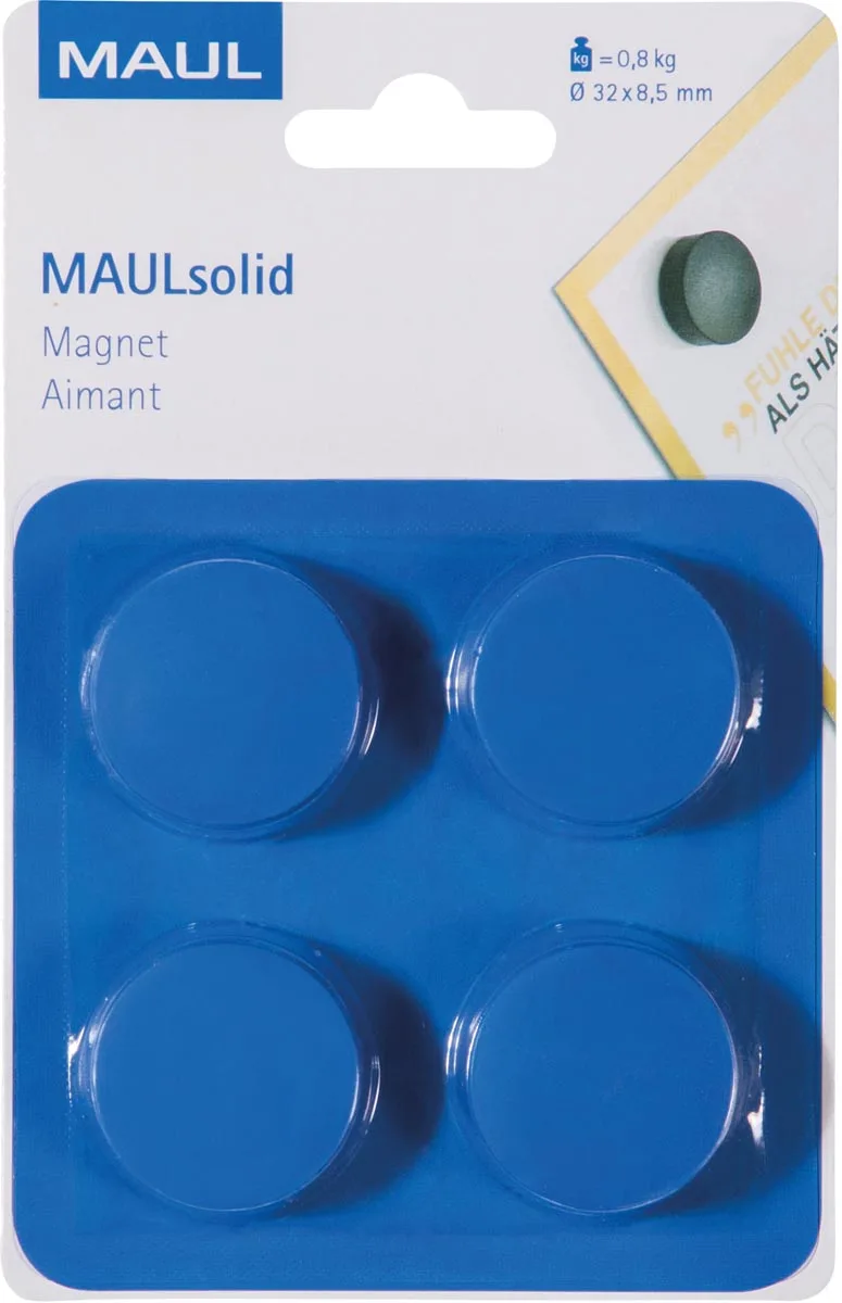 magneet Solid, 32 mm, trekkracht 800 gr, blister van 4 stuks, blauw van Maul – productfoto