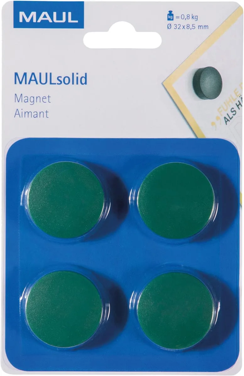 magneet Solid, 32 mm, trekkracht 800 gr, blister van 4 stuks, groen van Maul – productfoto