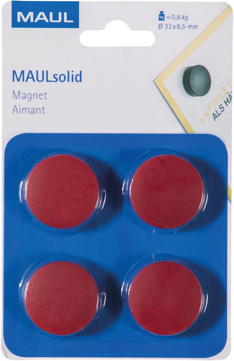 magneet Solid, 32 mm, trekkracht 800 gr, blister van 4 stuks, rood van Maul – productfoto