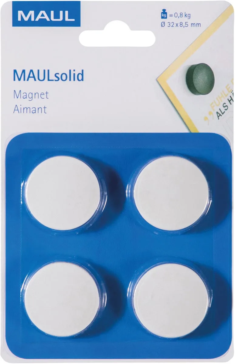 magneet Solid, 32 mm, trekkracht 800 gr, blister van 4, stuks, wit van Maul – productfoto