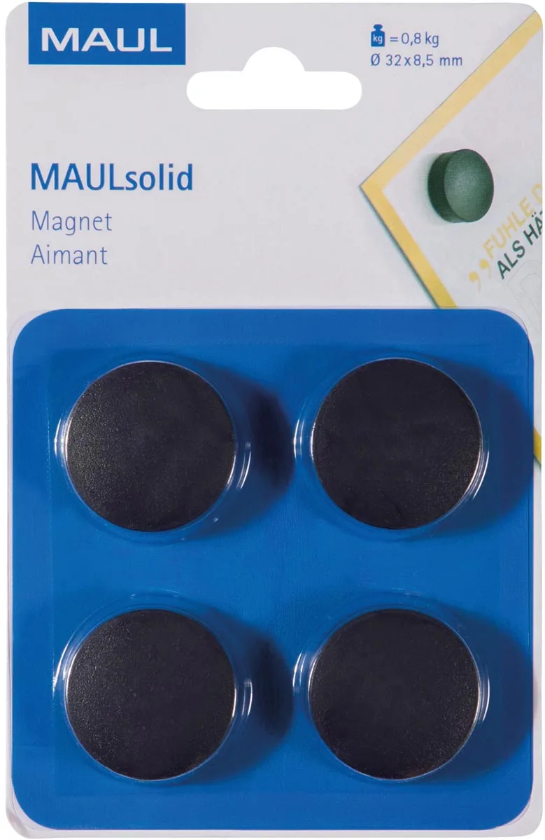 magneet Solid, 32 mm, trekkracht 800 gr, blister van 4 stuks, zwart van Maul – productfoto