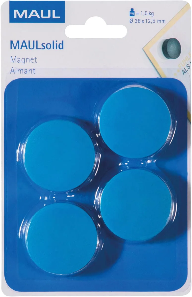 magneet Solid, 38 mm, trekkracht 1,5 kg, blister van 4 stuks, blauw van Maul – productfoto