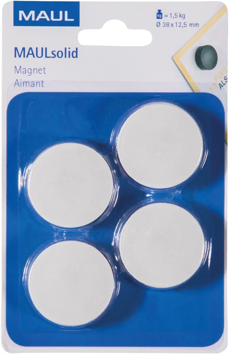 magneet Solid, 38 mm, trekkracht 1,5 kg, blister van 4 stuks, wit van Maul – productfoto